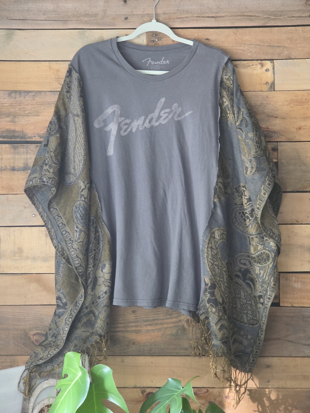Upcycled Fender Gray Logo Tee with Decorative Shawl Accent